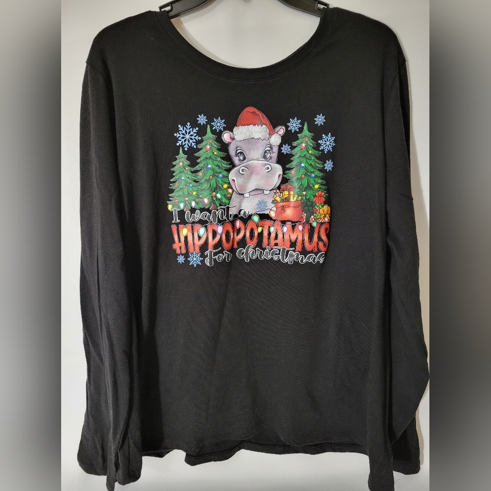 Long Sleeve 2XL Women's Holiday Christmas Hippopotamus Xmas Shirt New